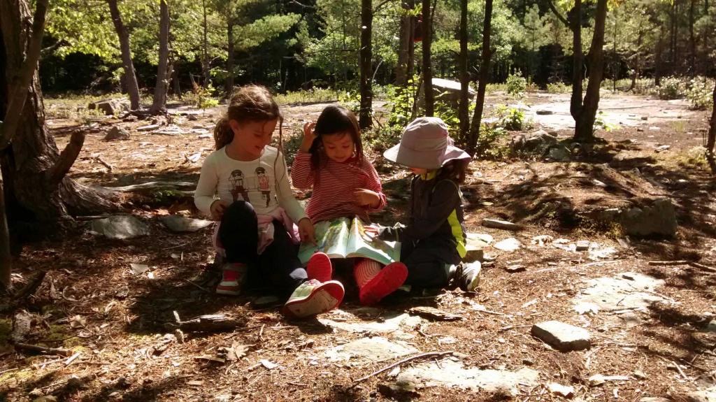 kids reading in forest