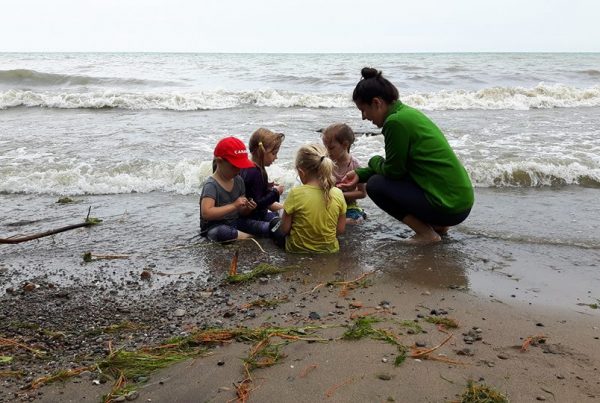 An adult and four children sit in the water on a beach shoreline